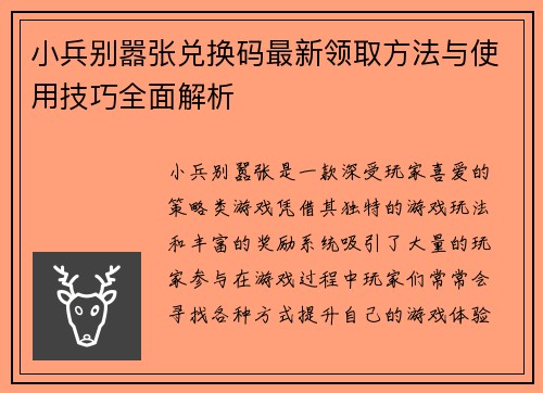 小兵别嚣张兑换码最新领取方法与使用技巧全面解析